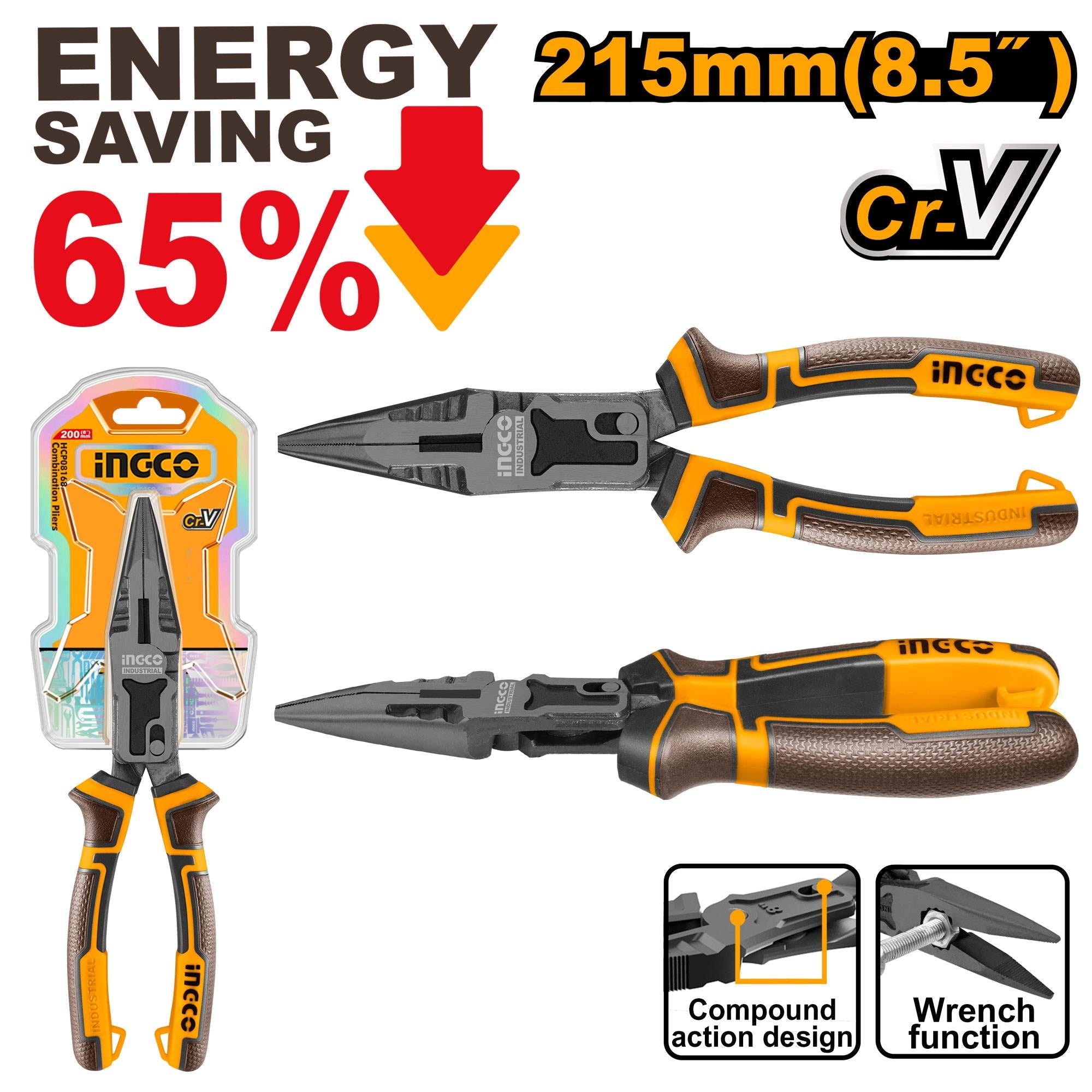 Ingco 8.5 inch/215mm Compound Action Long Nose Pliers | HCLNP58200 Ingco